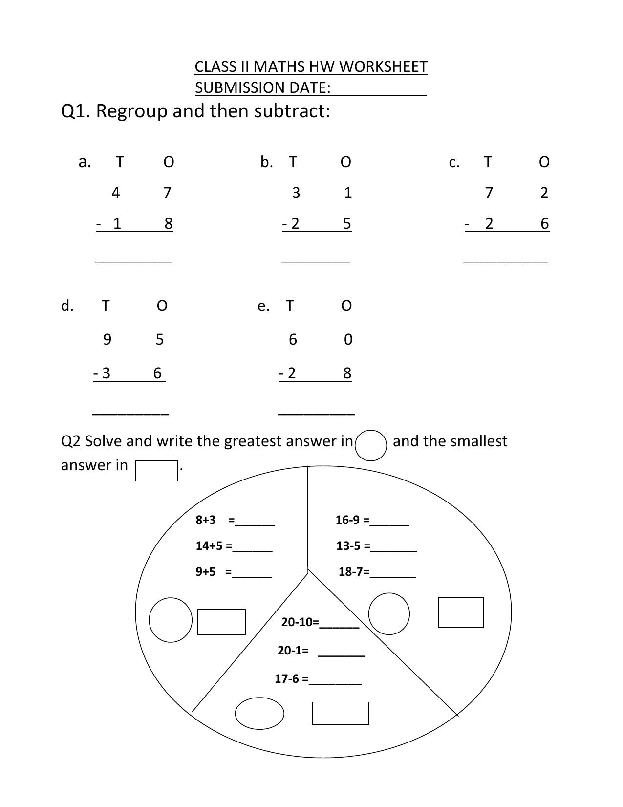 Worksheets for Class 2 Maths Assignment 117 Subraction - Page 1
