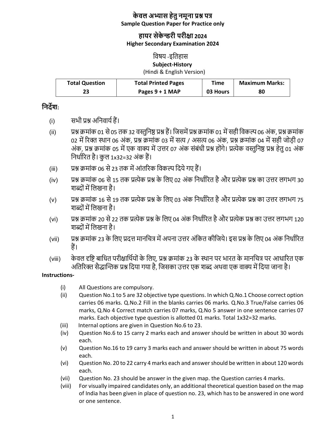MP Board Class 12 History 2024 Sample Paper  - Page 1