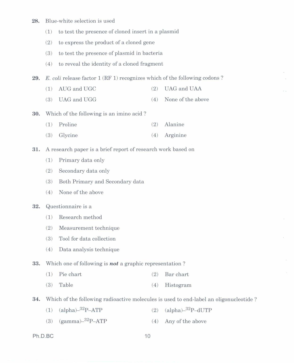 IGNOU PhD Entrance Test Ph.D. In Biochemistry 2017 Question Paper - Page 10