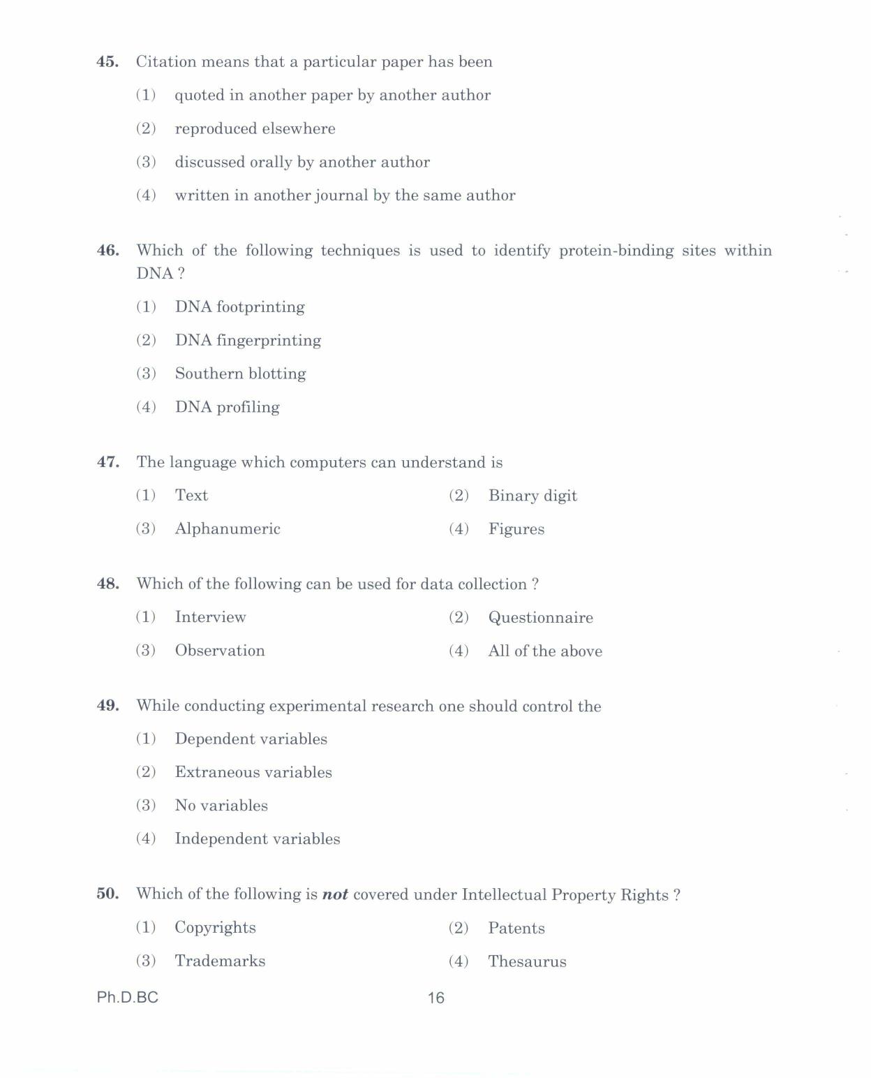 IGNOU PhD Entrance Test Ph.D. In Biochemistry 2017 Question Paper - Page 16