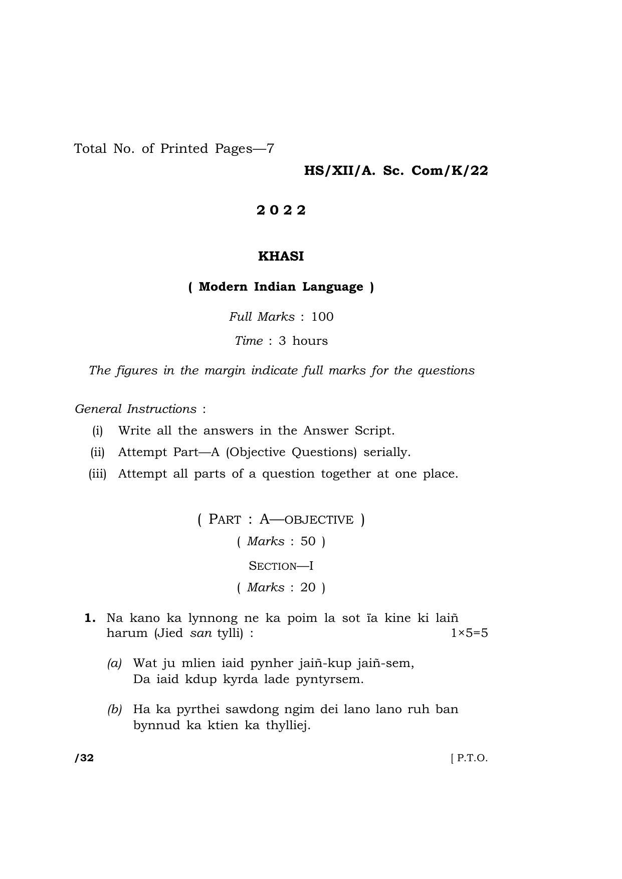 Meghalaya Board (MBOSE) Class 12 KHASI  (HS_XII_A.SC.Com_K_22) 2022 Question Paper - Page 1