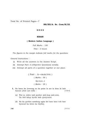 Meghalaya Board (MBOSE) Class 12 KHASI  (HS_XII_A.SC.Com_K_22) 2022 Question Paper