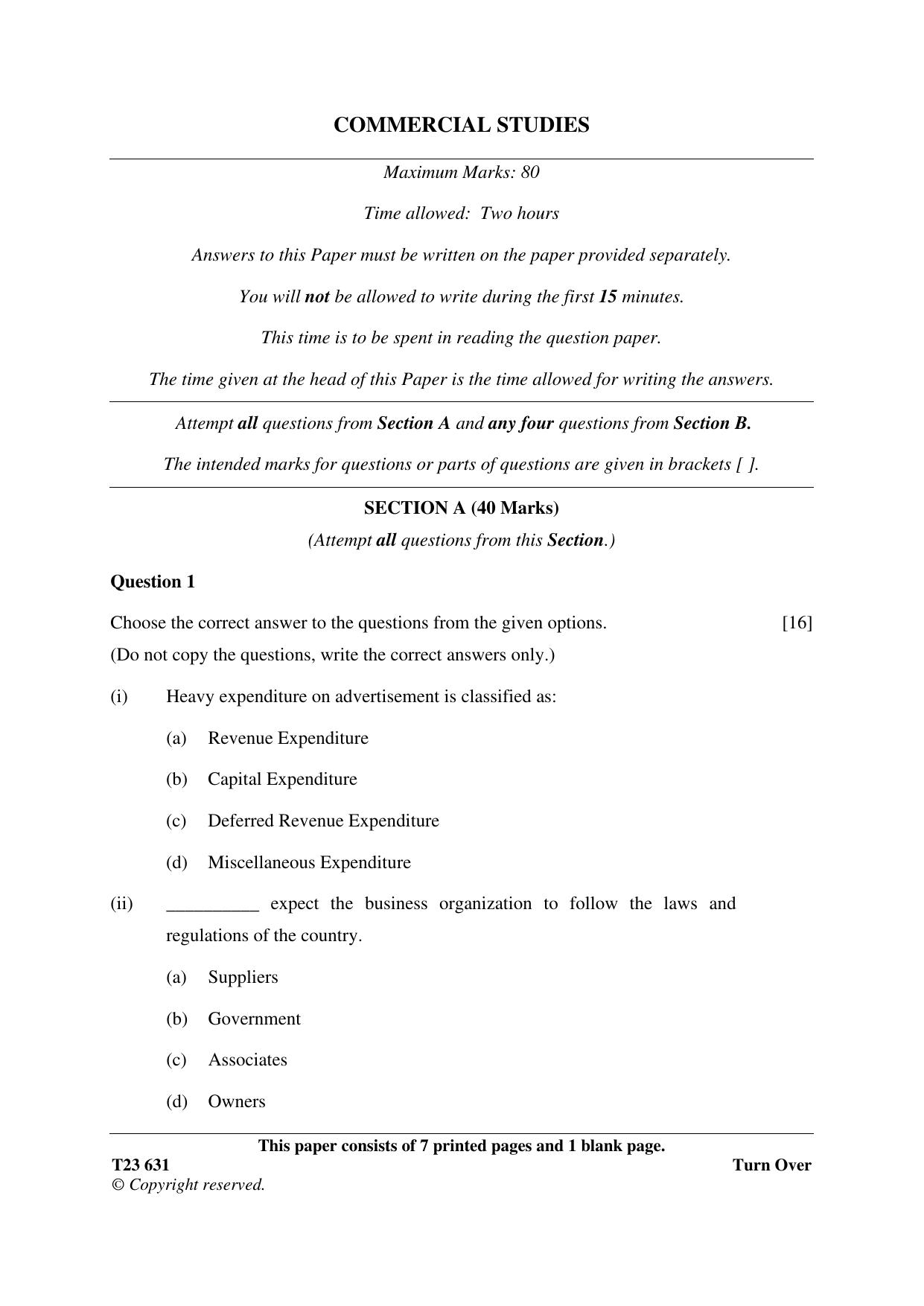 ICSE Class 10 COMMERCIAL STUDIES 2023 Question Paper - Page 1