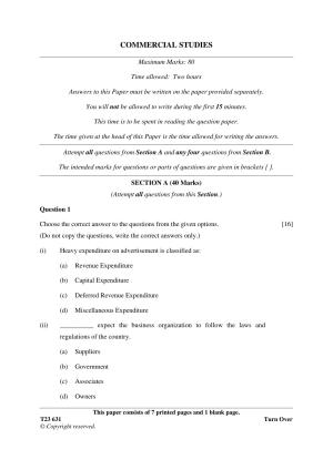 ICSE Class 10 COMMERCIAL STUDIES 2023 Question Paper