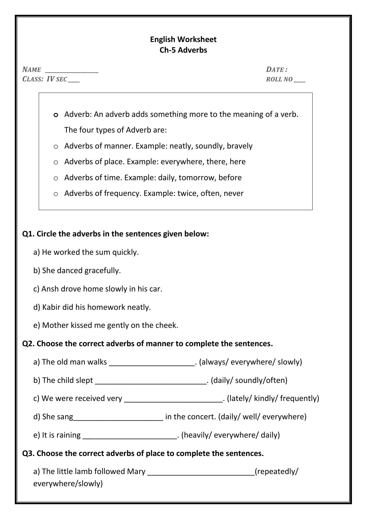 Worksheet for Class 4 English Assignment 33 - Page 1