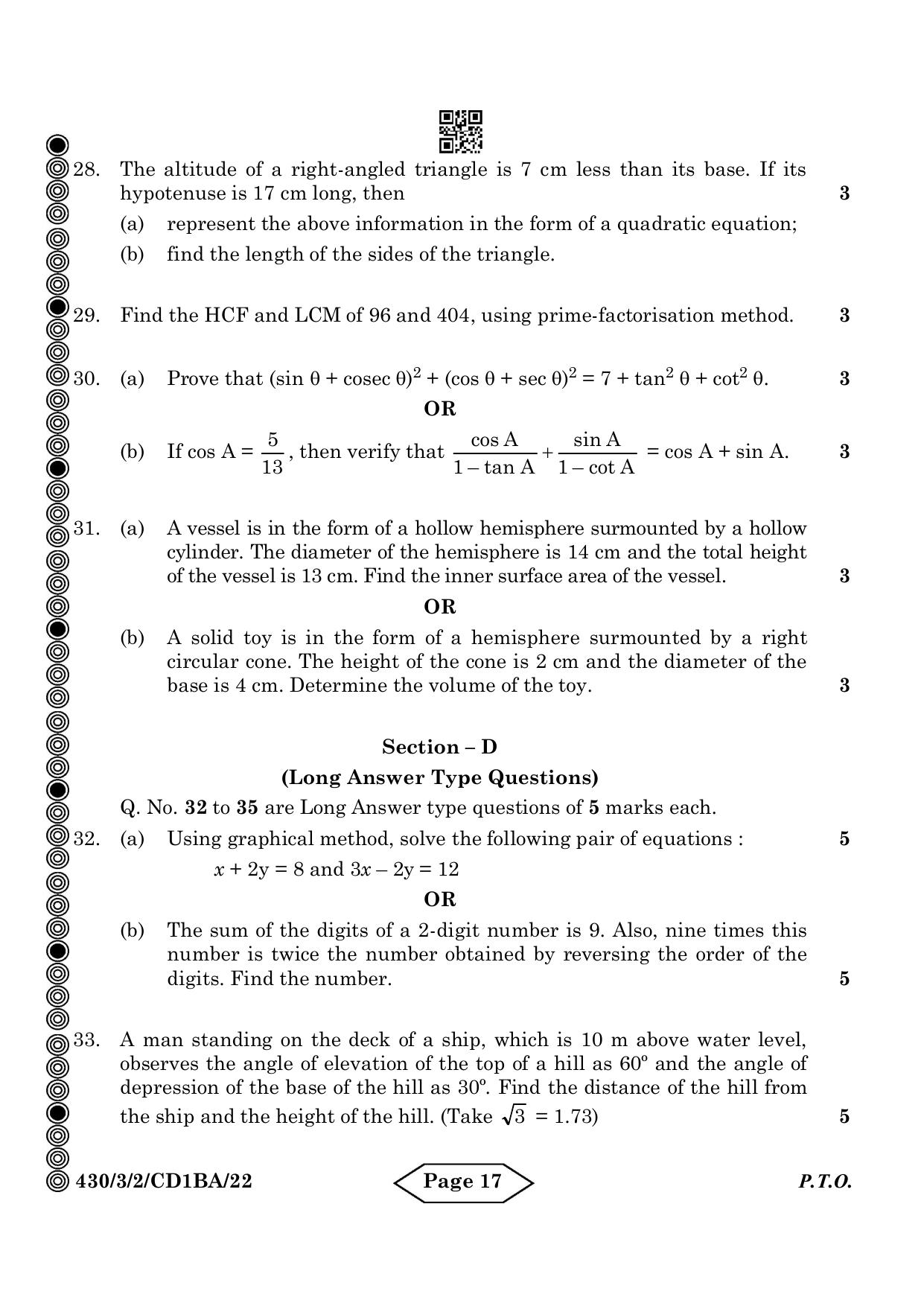 CBSE Class 10 430-3-2 Mathematics Basic 2024 Question Paper - Page 17