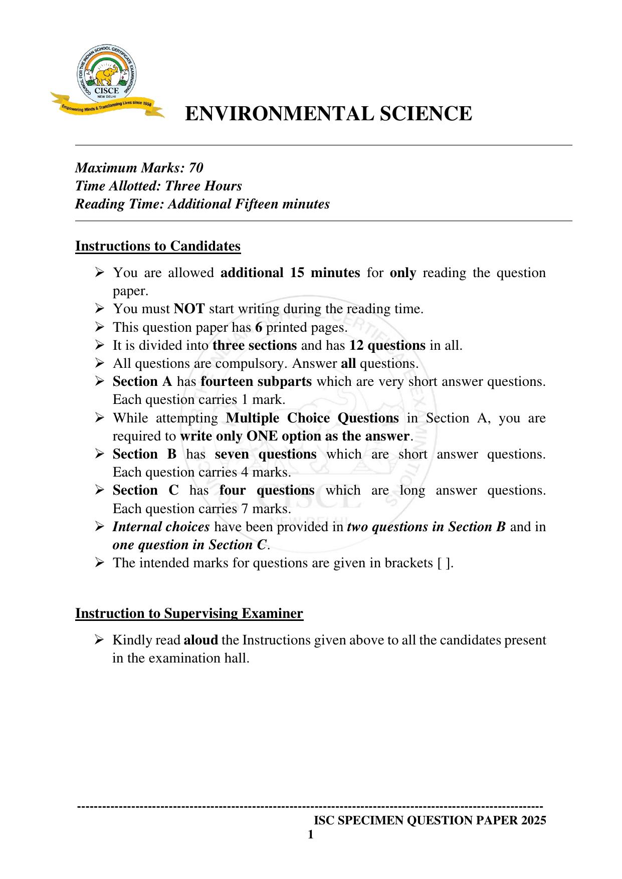 ISC Class 12 2025 ENVIRONMENTAL SCIENCE (SQP & AK) Specimen Paper - Page 1