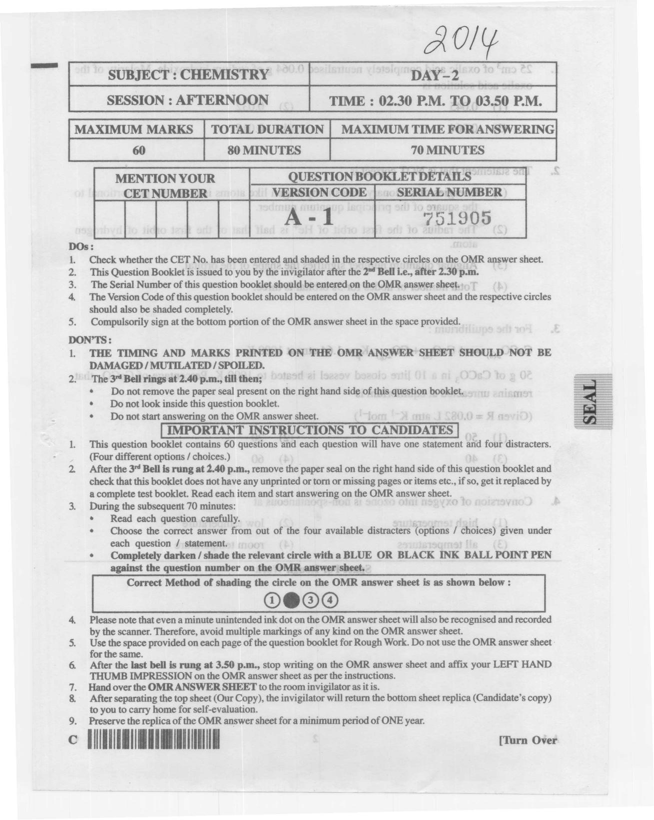 KCET Chemistry 2014 Question Papers - Page 1