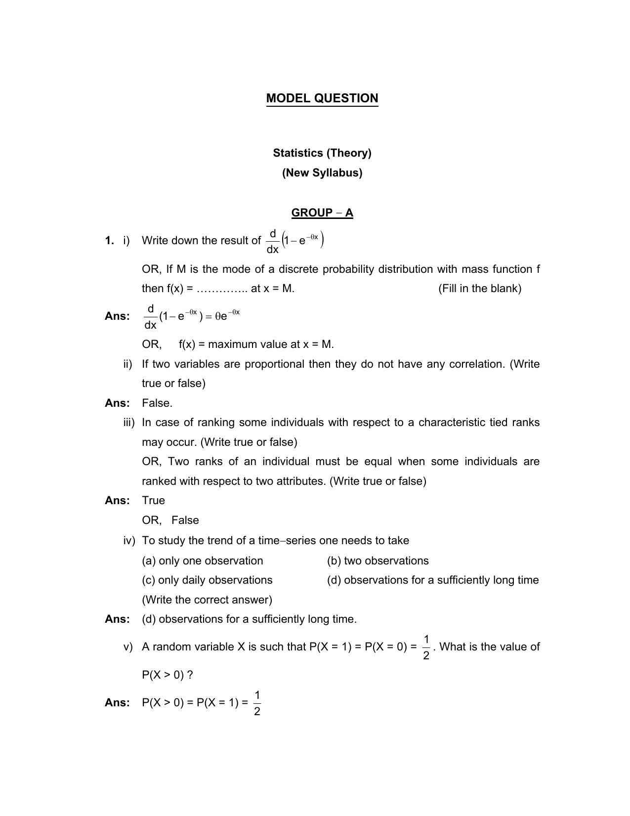 West Bengal Board Class 12 Statistics 2020 Question Paper - Page 1