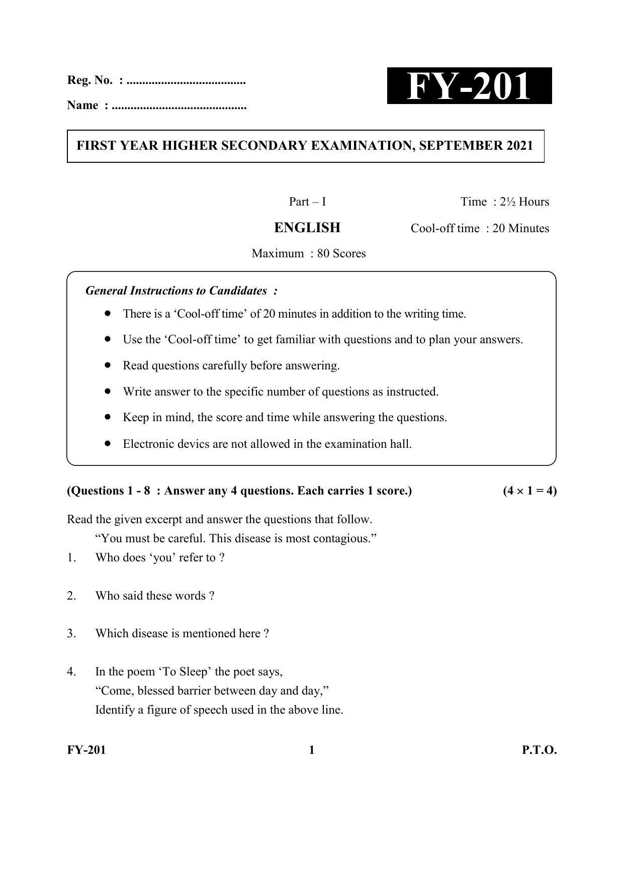 Kerala Plus One (Class 11th) Part-I English Question Paper 2021 - Page 1