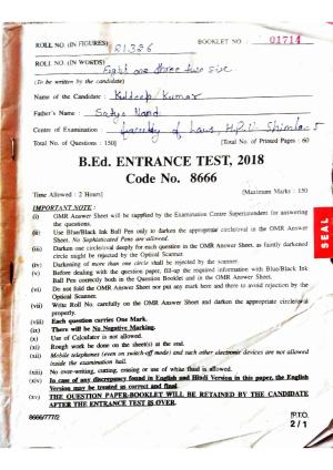 HPU B.Ed. Entrance Test 2018 Question Paper