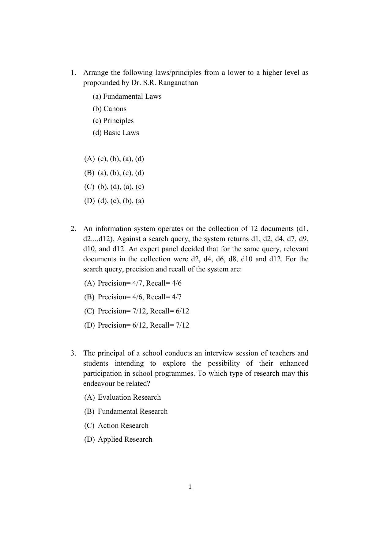 ISI Admission Test JRF in Library and Information Science LIA 2021 Sample Paper - Page 1