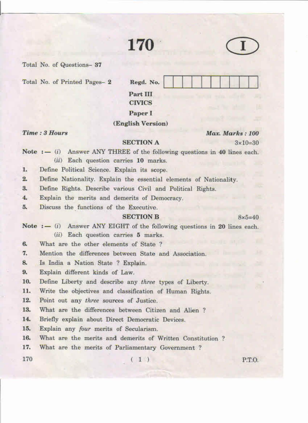 AP Inter 1st Year Civics-I (EM) May-2019-General Question Paper - Page 1