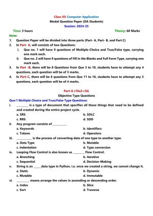 PSEB Class 12 Computer Application (For DA Students) Model Papers 2025