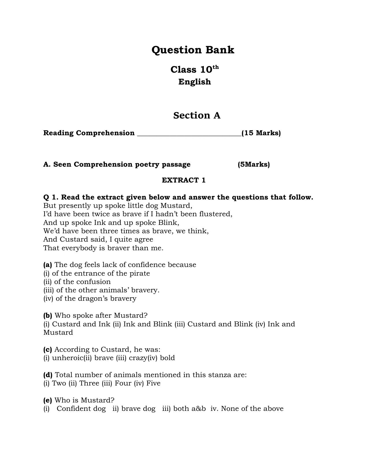 JKBOSE Class 10 English Question Bank - Page 1