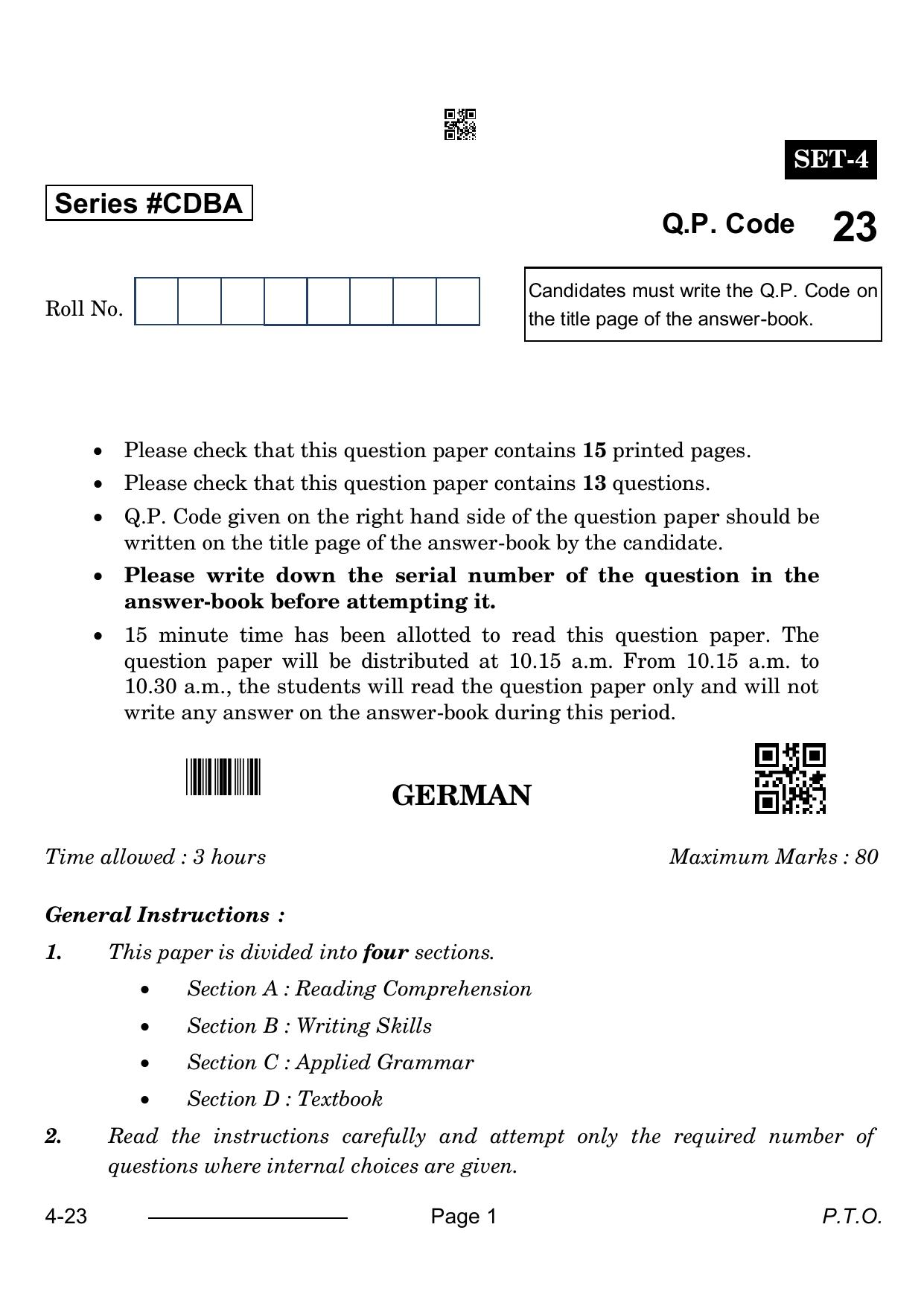 CBSE Class 10 German 2024 Question Paper - Page 1