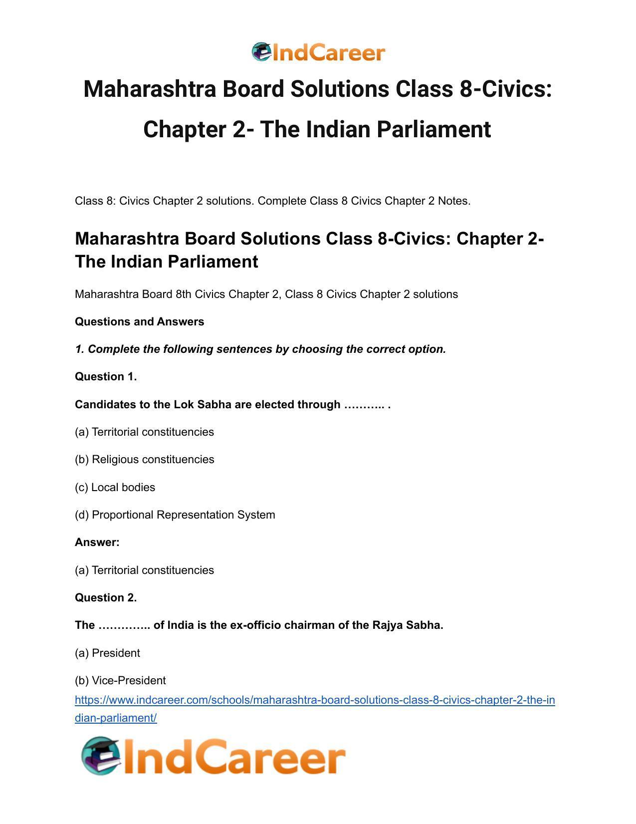 Maharashtra Board Solutions Class 8-Civics: Chapter 2- The Indian Parliament - Page 2