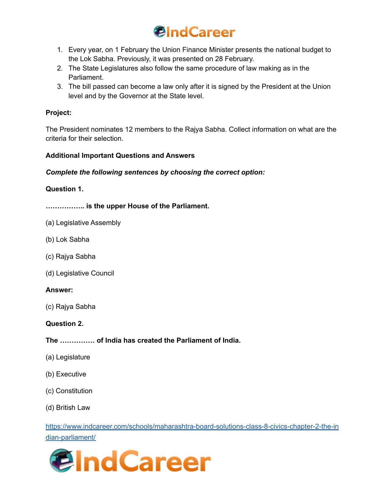 Maharashtra Board Solutions Class 8-Civics: Chapter 2- The Indian Parliament - Page 7