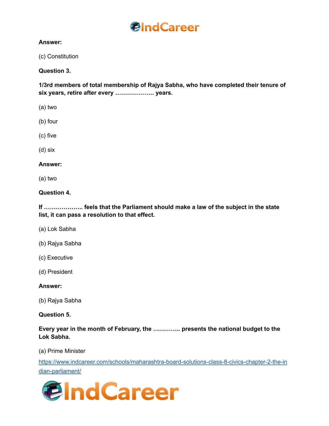 Maharashtra Board Solutions Class 8-Civics: Chapter 2- The Indian Parliament - Page 8
