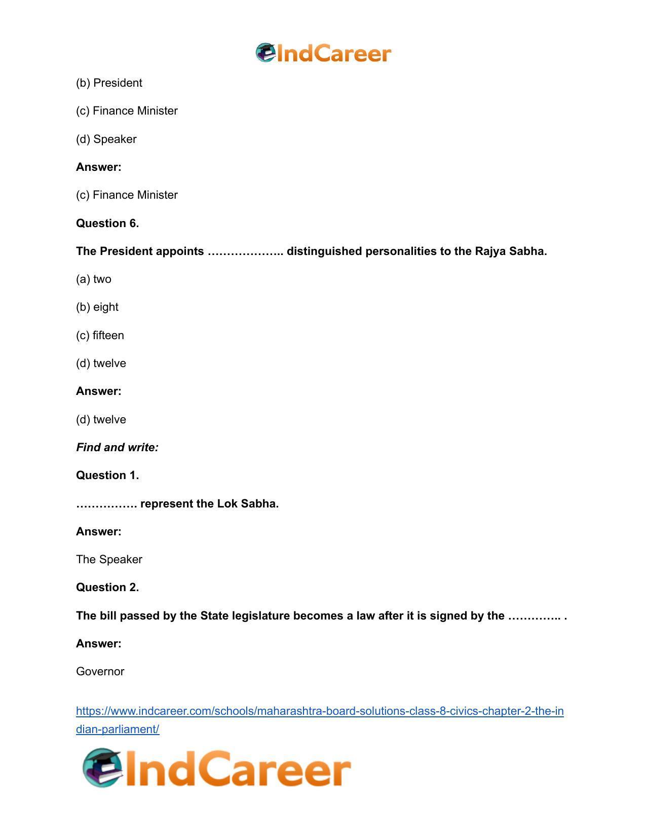 Maharashtra Board Solutions Class 8-Civics: Chapter 2- The Indian Parliament - Page 9