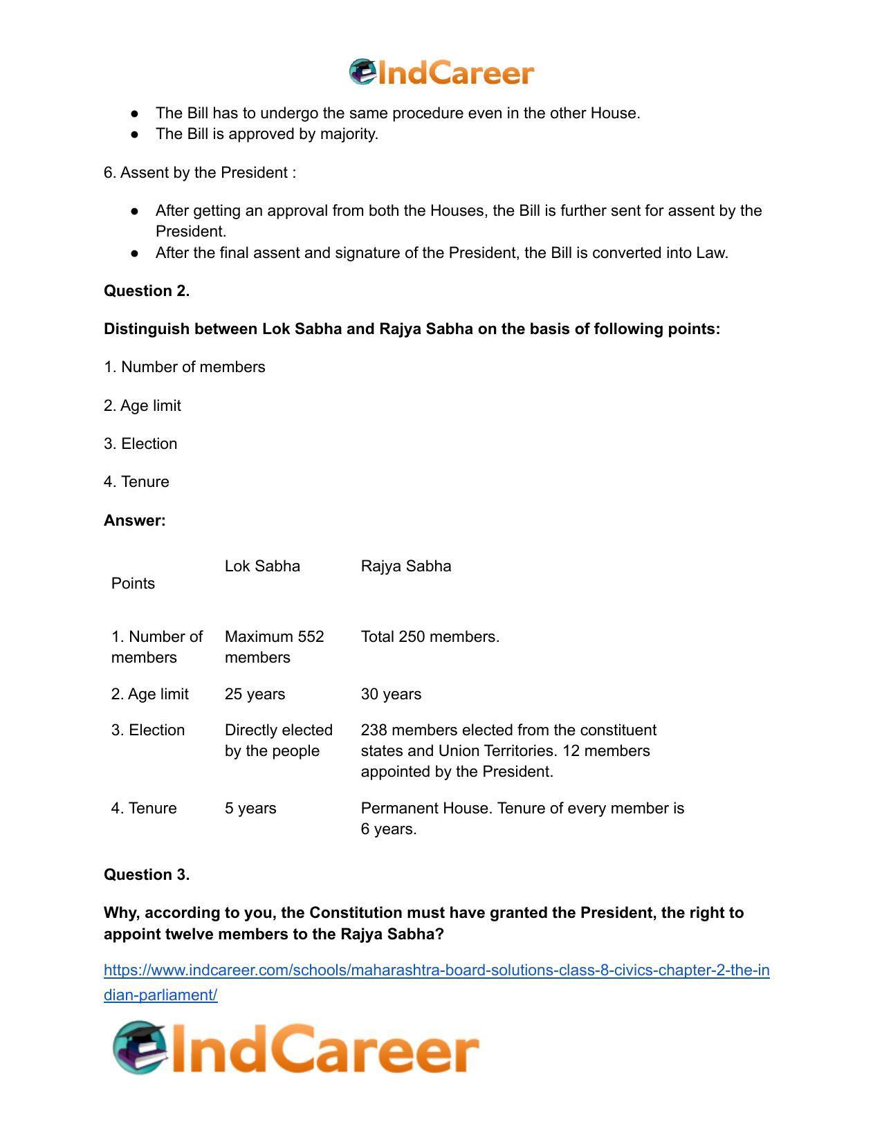 Maharashtra Board Solutions Class 8-Civics: Chapter 2- The Indian Parliament - Page 16