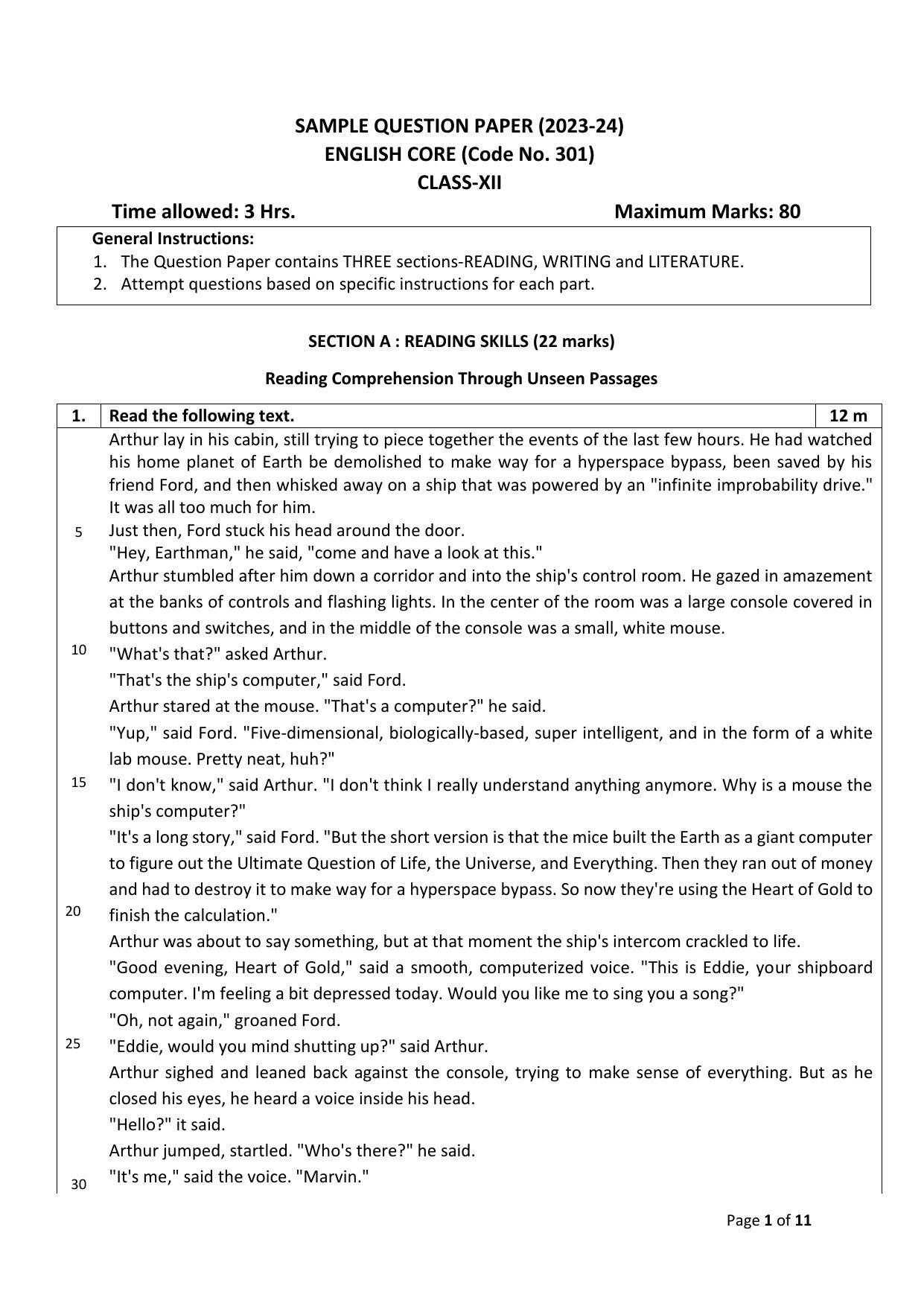 CBSE Class 12 English Core Sample Paper 2024 - Page 1