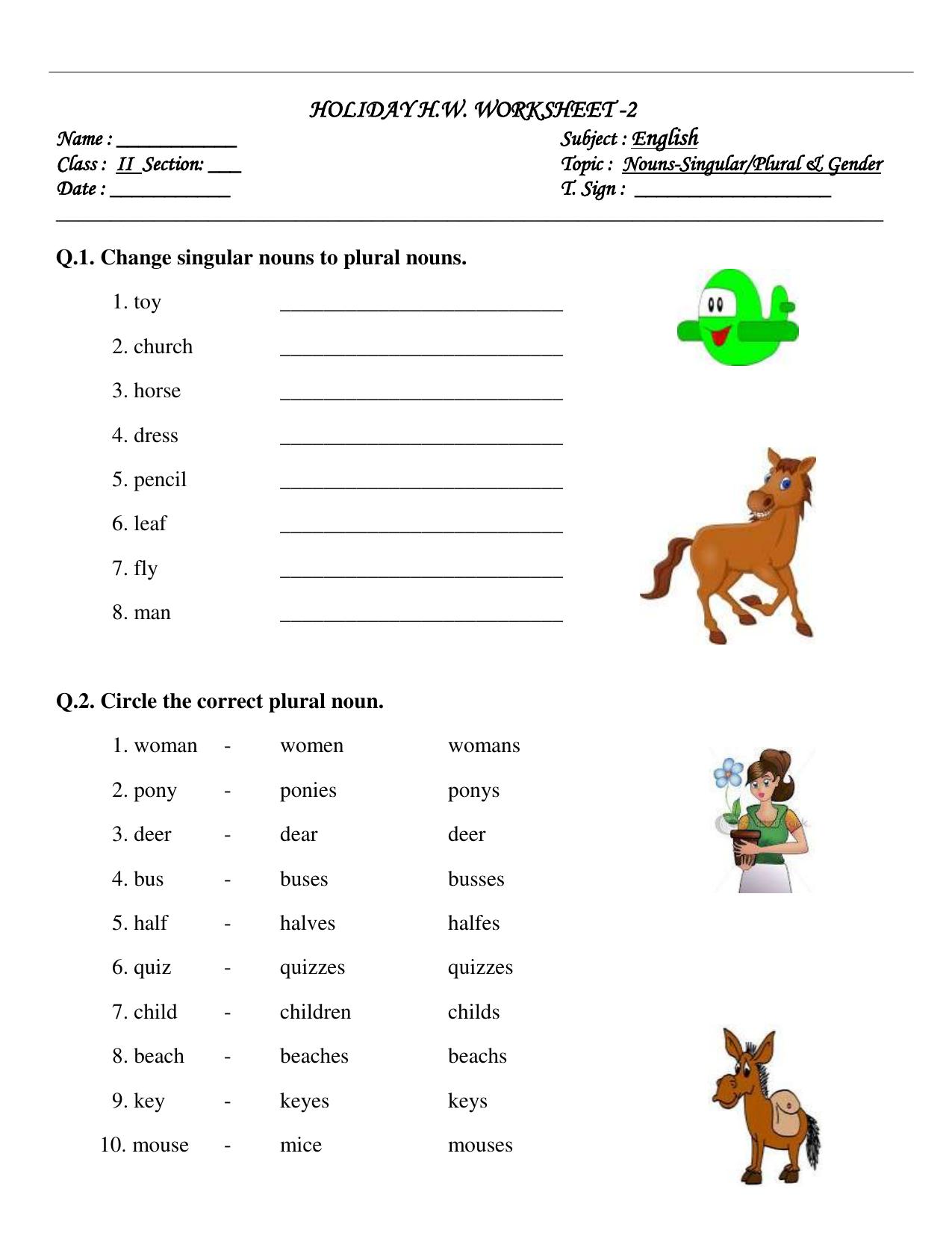 Worksheet for Class 2 English Assignment 112 Singular Nouns - Page 1