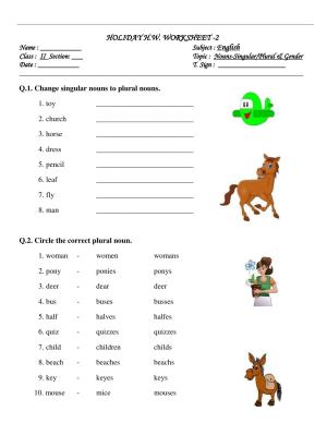 Worksheet for Class 2 English Assignment 112 Singular Nouns