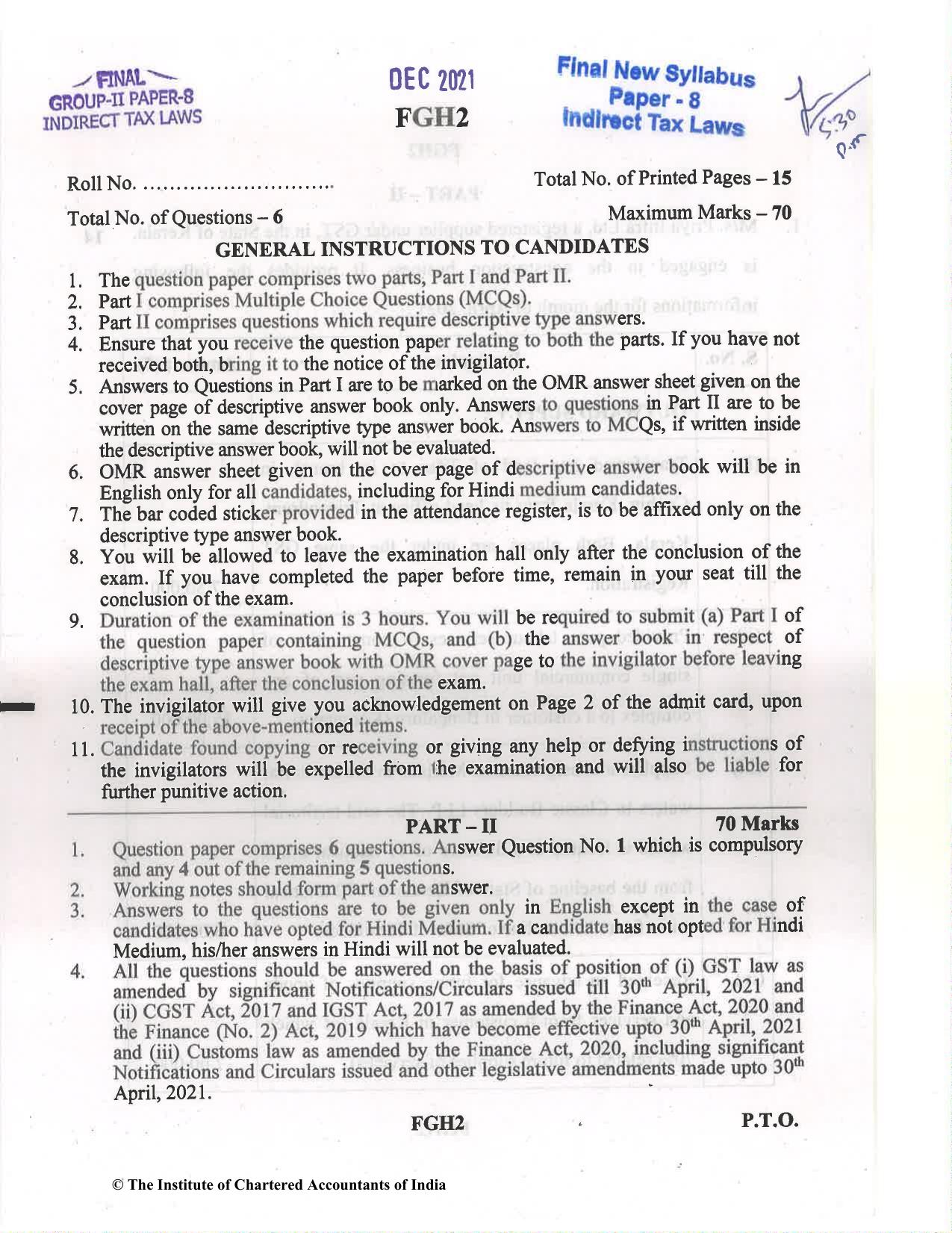 CA Final Dec 2021 Question Paper - Paper 8 – Indirect Tax Laws - Page 1