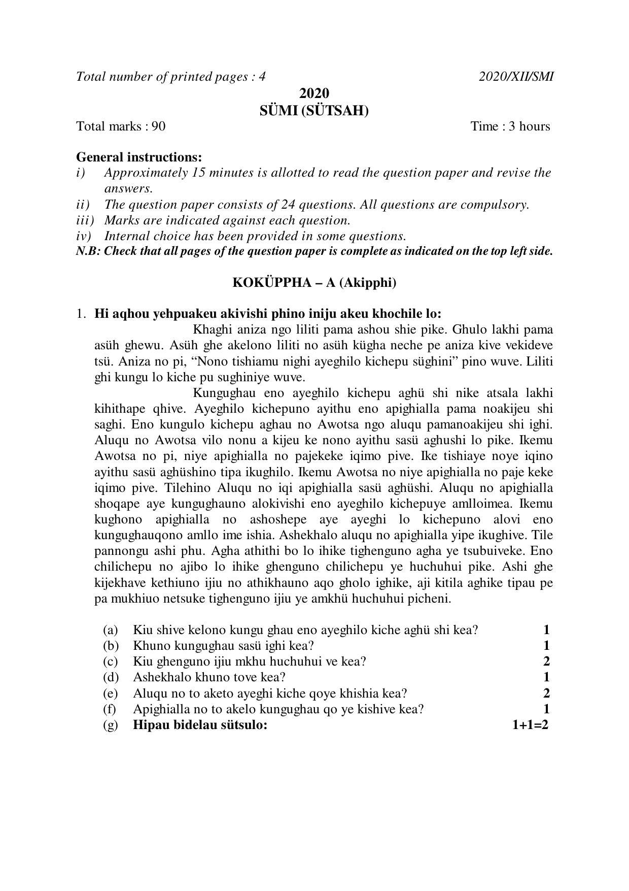 Nagaland Board Class 12 SÜMI (SÜTSAH) 2020 Question Papers - Page 1