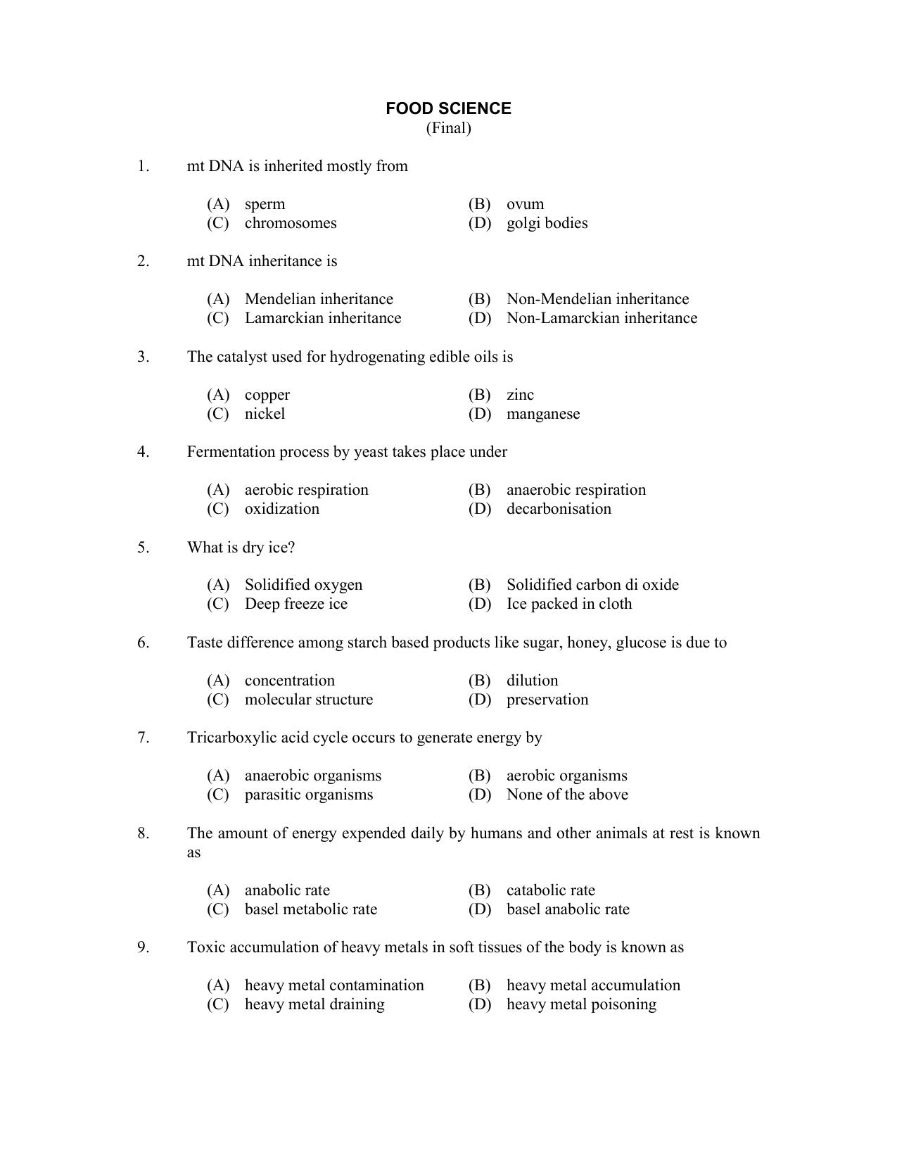 CUSAT CAT 2017 Food Science Question Paper - Page 1
