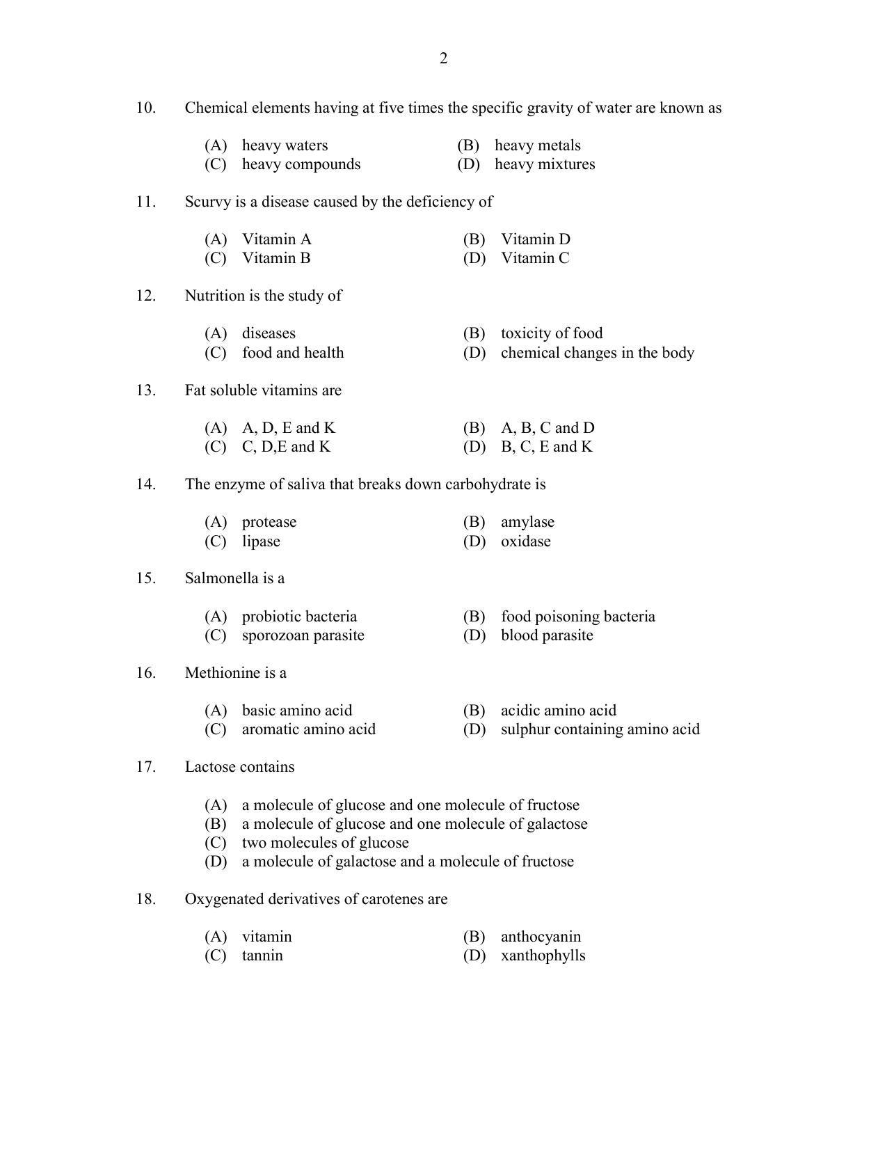 CUSAT CAT 2017 Food Science Question Paper - Page 2