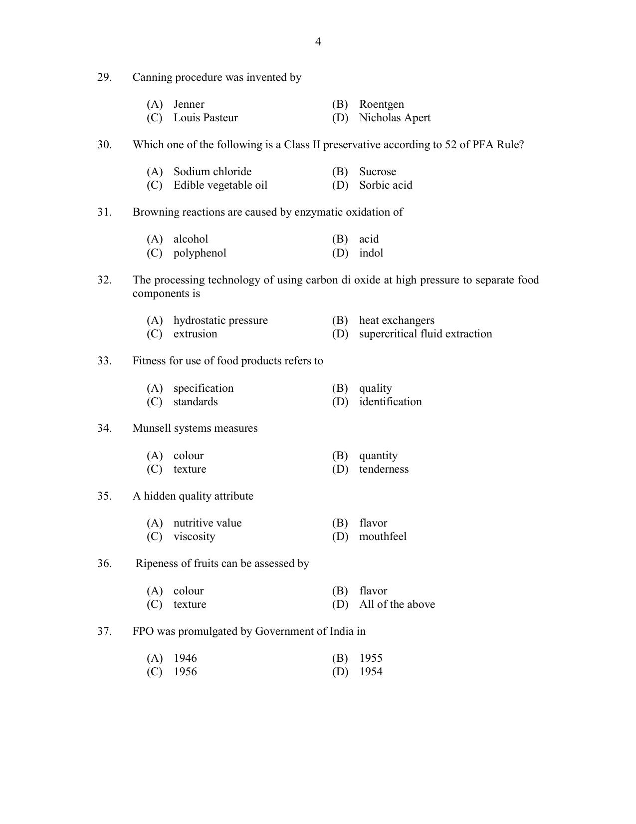 CUSAT CAT 2017 Food Science Question Paper - Page 4