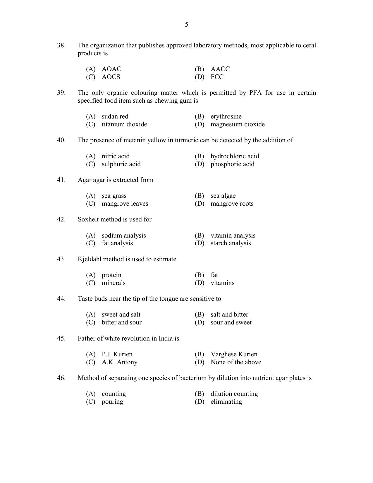 CUSAT CAT 2017 Food Science Question Paper - Page 5