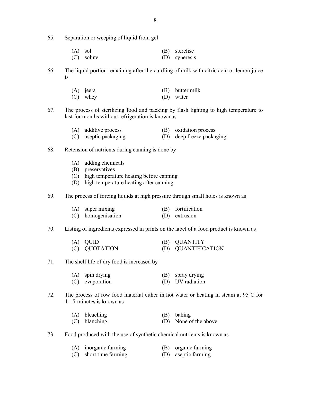 CUSAT CAT 2017 Food Science Question Paper - Page 8