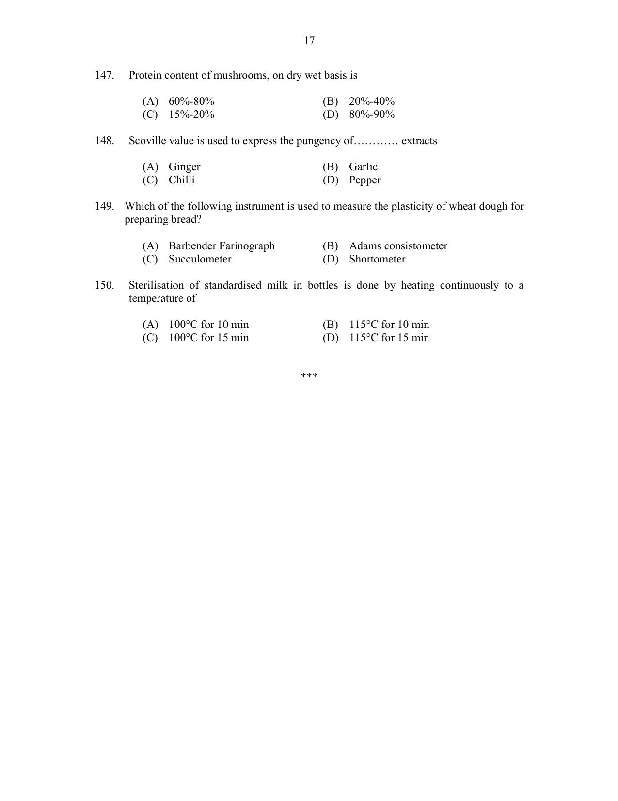 CUSAT CAT 2017 Food Science Question Paper - Page 17