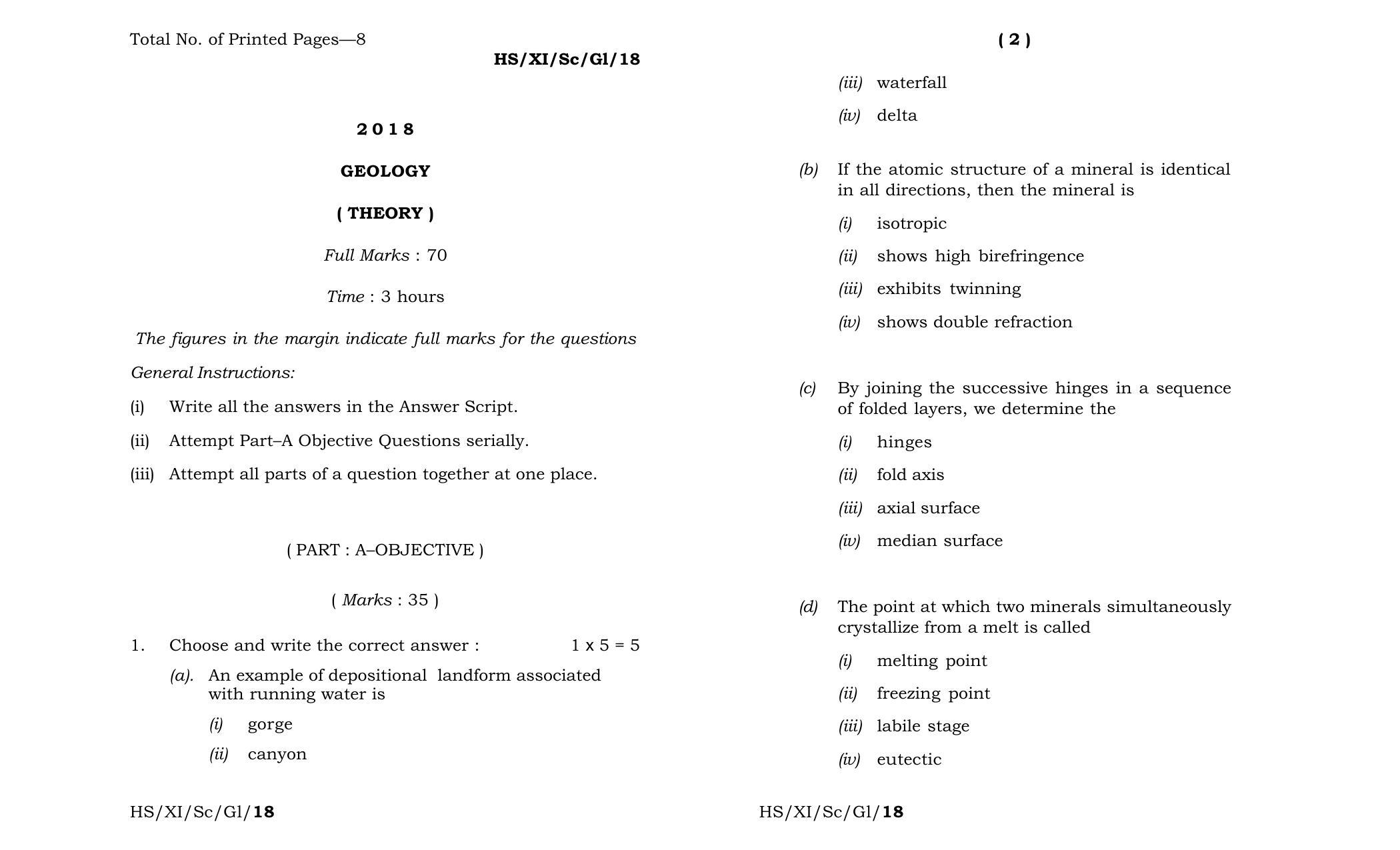 Meghalaya Board (MBOSE) Class 11 Geology 2018 Question Paper - Page 1
