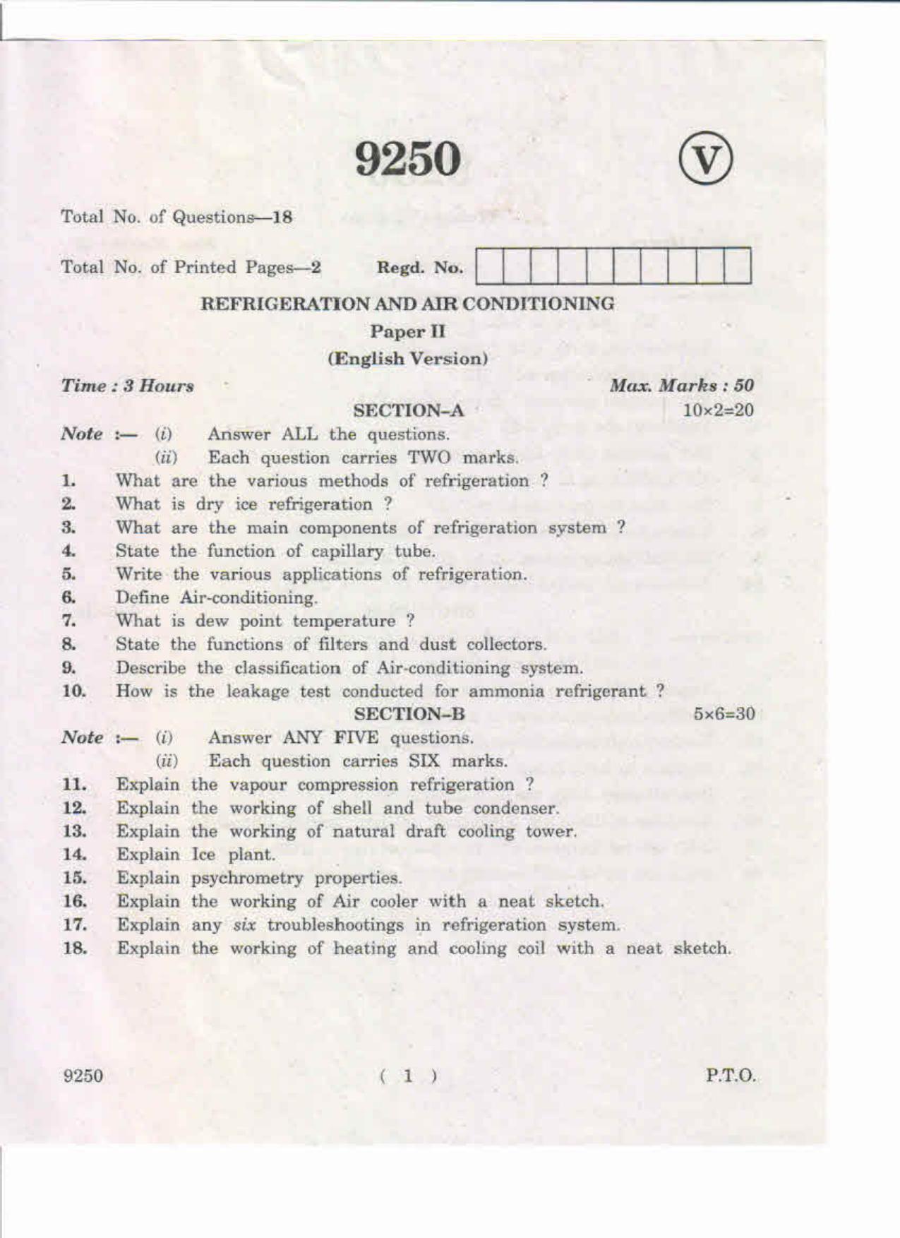 AP Inter 2nd Year Refrigeration and Air Conditioning-II May-2019-Vocational Question Paper - Page 1