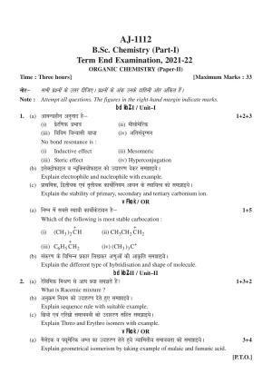 Bilaspur University Question Paper 2021-2022: B. SC. Part -I (Maths- Group) Chemistry Paper 2