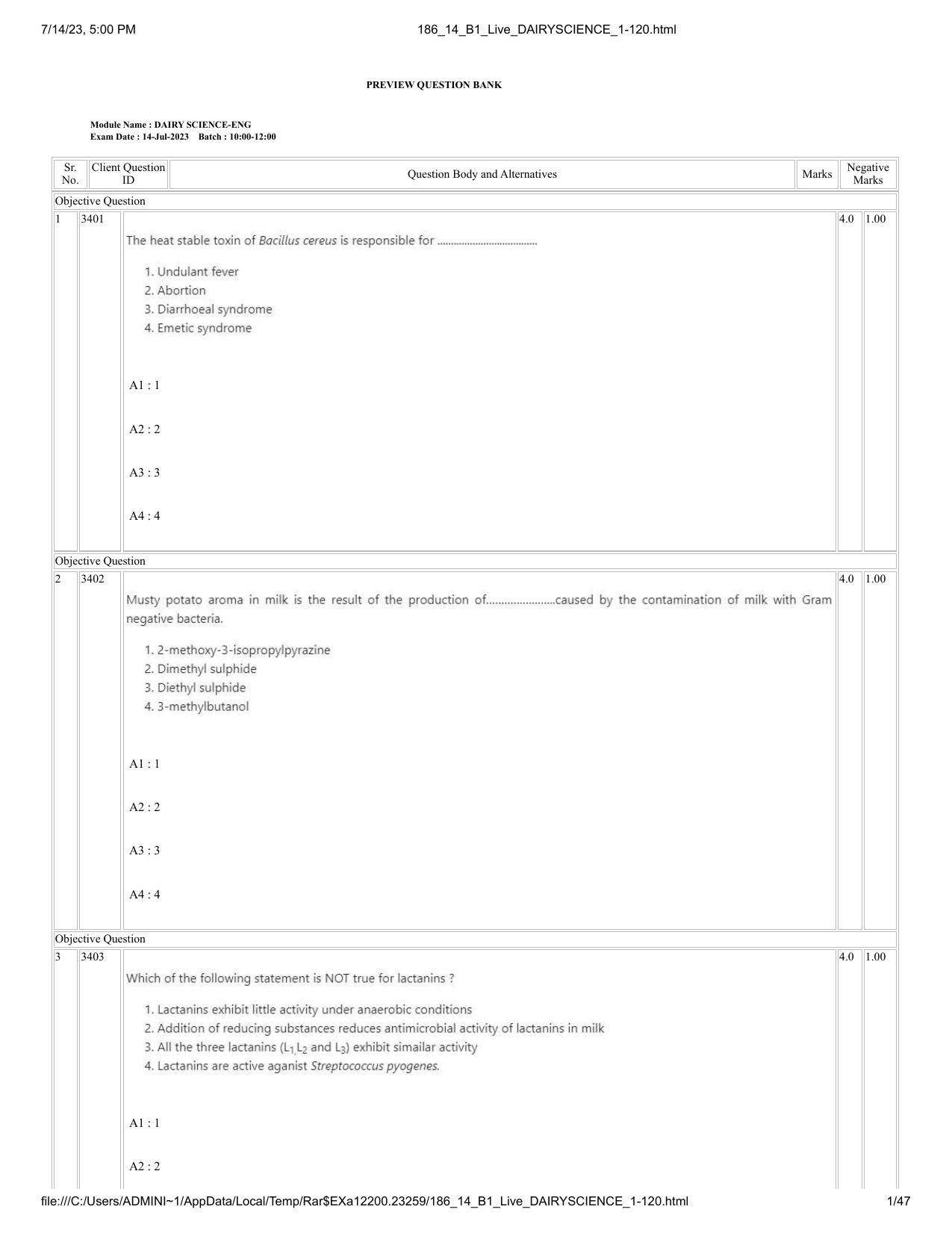 ICAR AIEEA PG 2023 DAIRY SCIENCE Question Paper- 14 July 2023 - Page 1