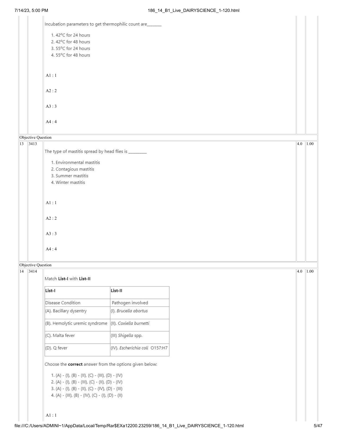 ICAR AIEEA PG 2023 DAIRY SCIENCE Question Paper- 14 July 2023 - Page 5