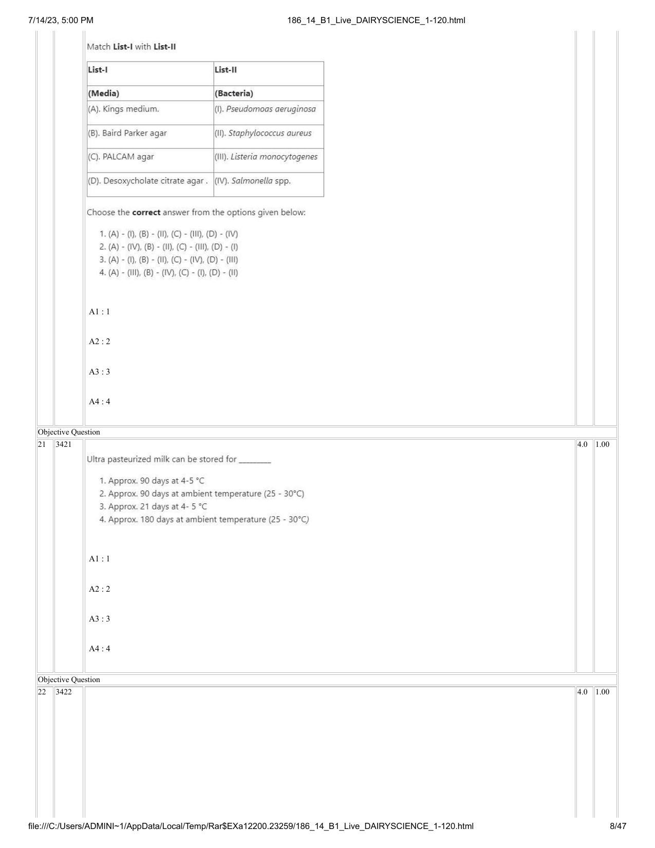 ICAR AIEEA PG 2023 DAIRY SCIENCE Question Paper- 14 July 2023 - Page 8