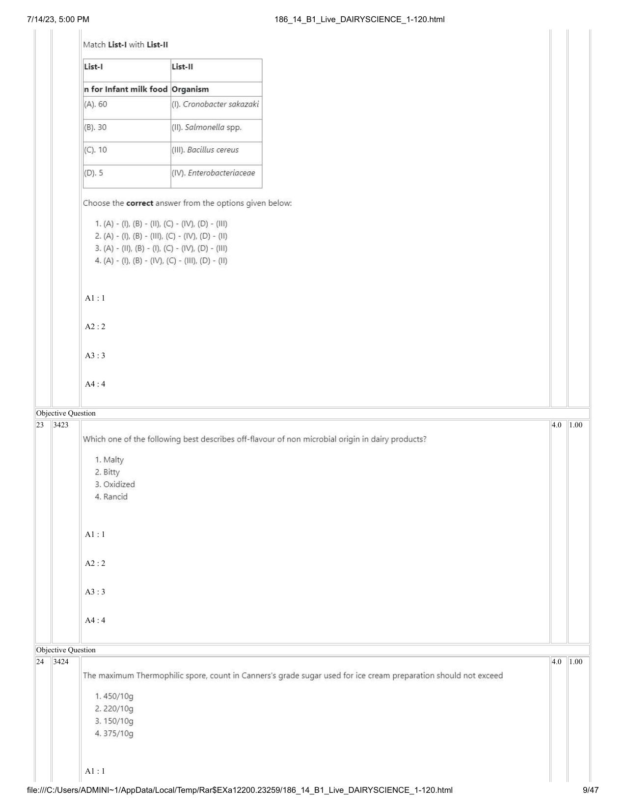 ICAR AIEEA PG 2023 DAIRY SCIENCE Question Paper- 14 July 2023 - Page 9