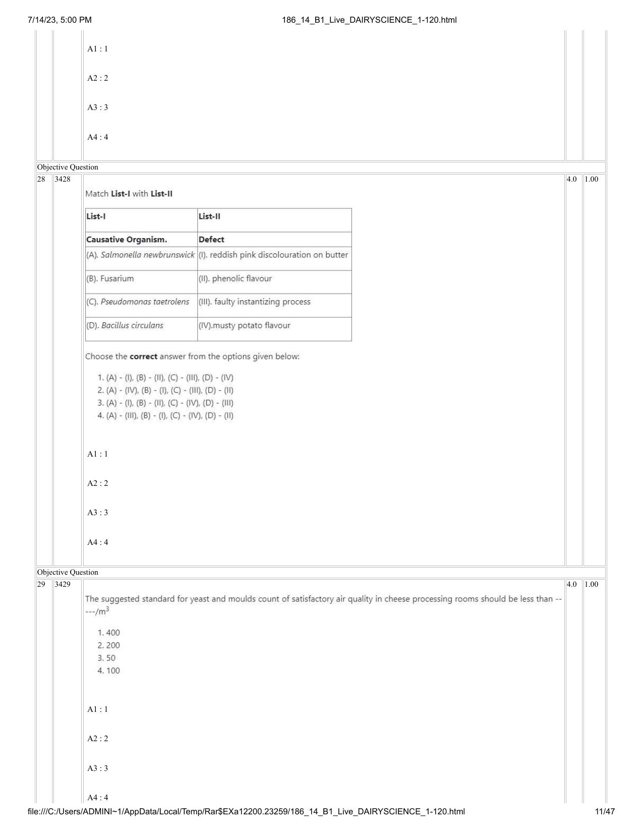 ICAR AIEEA PG 2023 DAIRY SCIENCE Question Paper- 14 July 2023 - Page 11