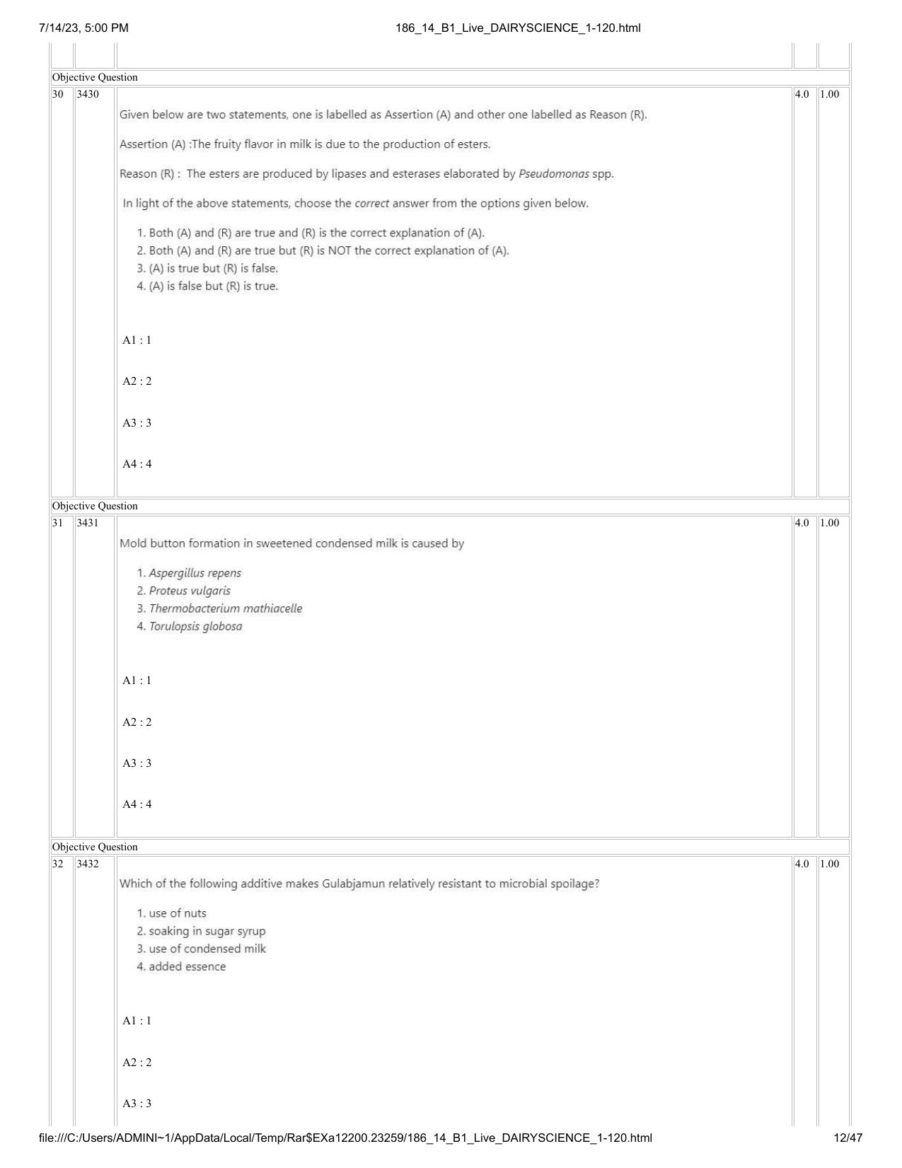 ICAR AIEEA PG 2023 DAIRY SCIENCE Question Paper- 14 July 2023 - Page 12