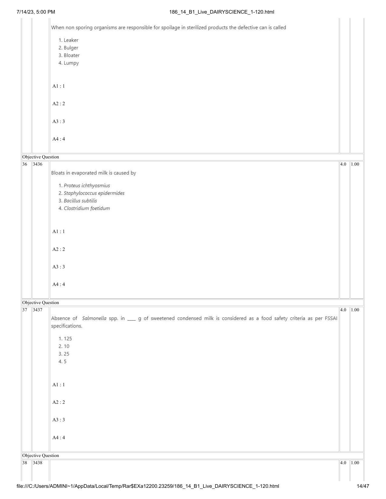ICAR AIEEA PG 2023 DAIRY SCIENCE Question Paper- 14 July 2023 - Page 14