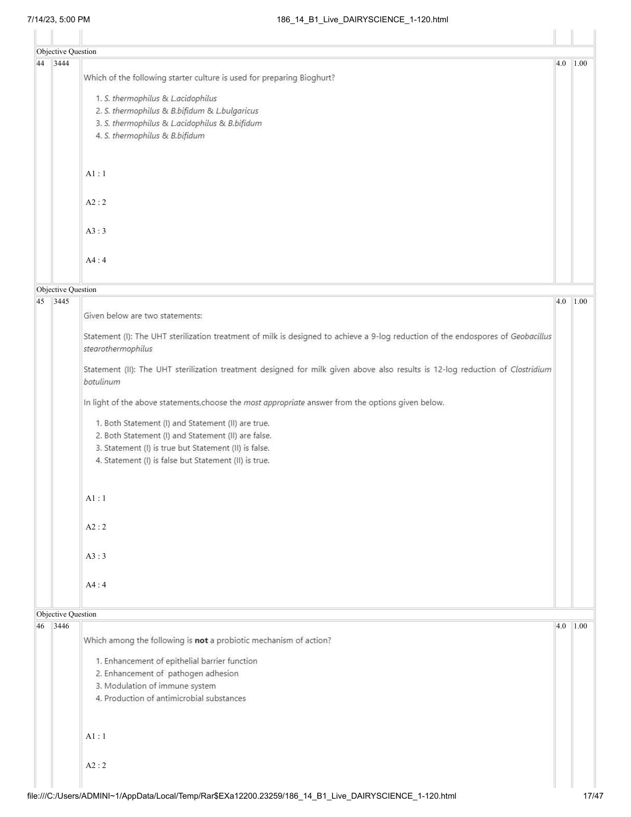 ICAR AIEEA PG 2023 DAIRY SCIENCE Question Paper- 14 July 2023 - Page 17