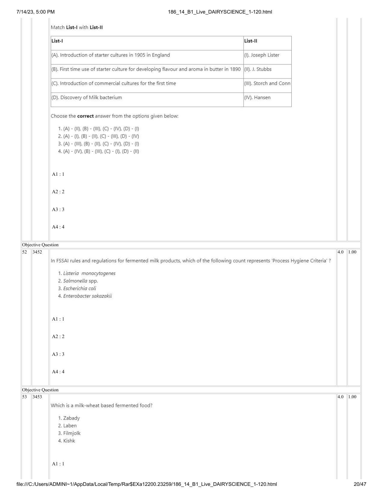 ICAR AIEEA PG 2023 DAIRY SCIENCE Question Paper- 14 July 2023 - Page 20