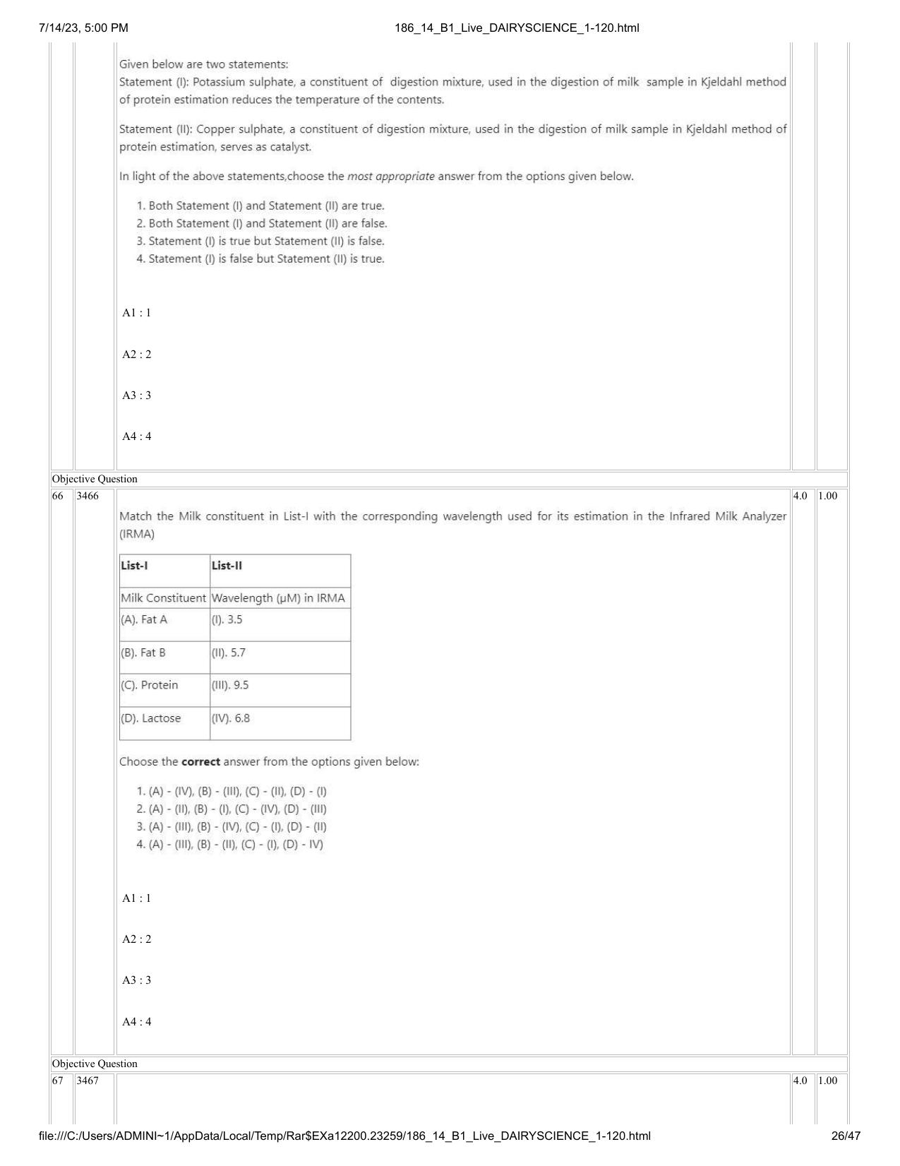 ICAR AIEEA PG 2023 DAIRY SCIENCE Question Paper- 14 July 2023 - Page 26