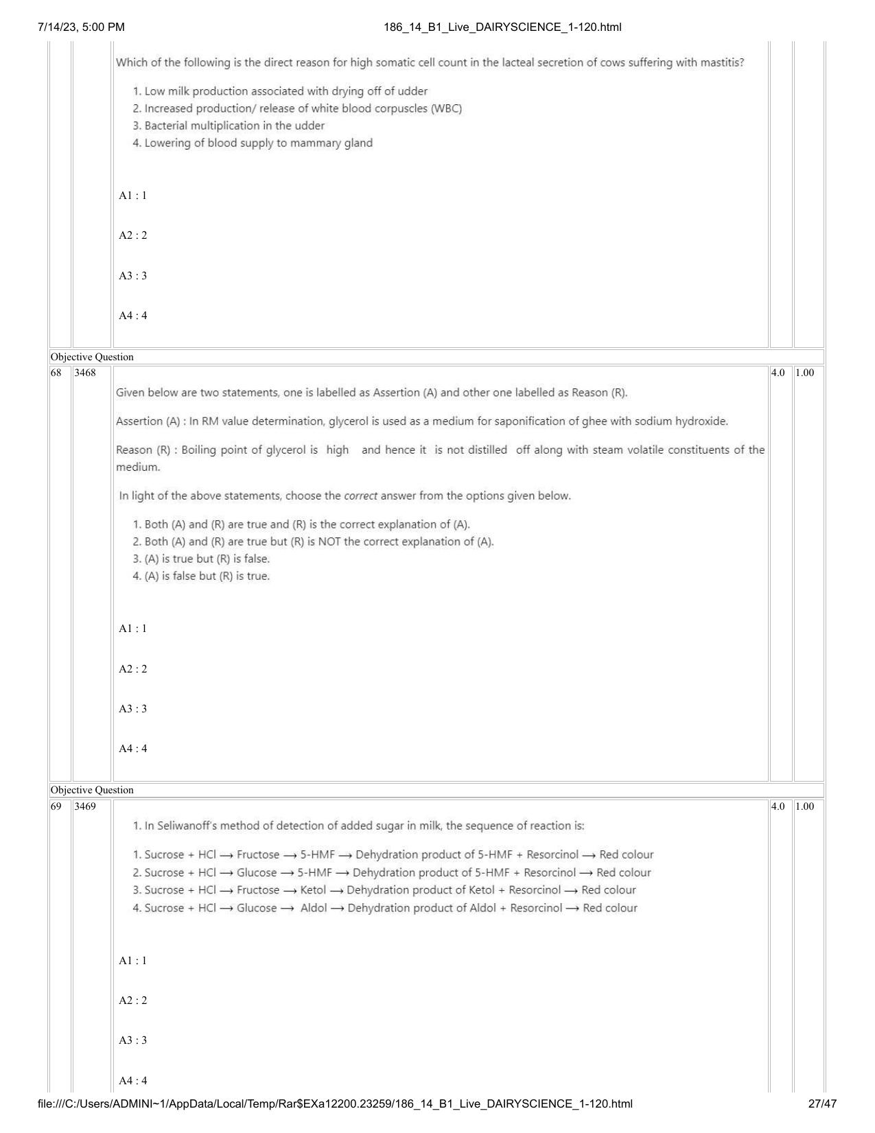 ICAR AIEEA PG 2023 DAIRY SCIENCE Question Paper- 14 July 2023 - Page 27